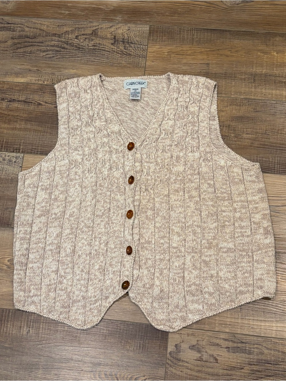 Vtg Cabin Creek Neutral Beige Marled Cable cotton Knit decorative Button Vest